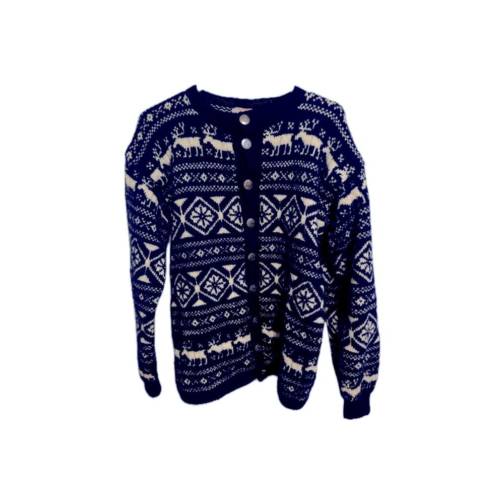 Vintage O.Allers Hand Knitted Norway Wool Cardigan Unisex Sweater blue